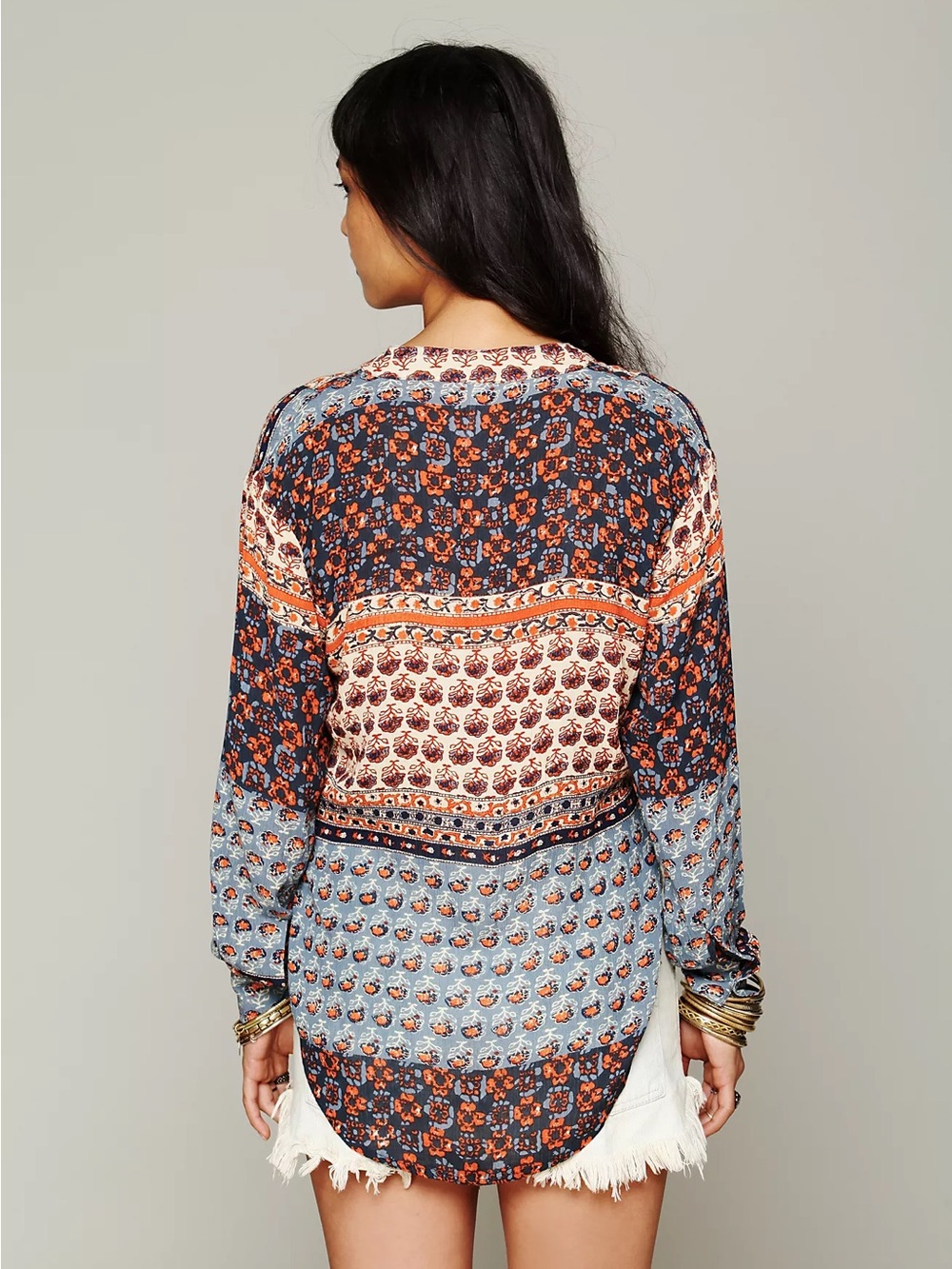 Free People Patterned Button-Front Colorblock Patchwork Boho Top Size S - Picture 2 of 14